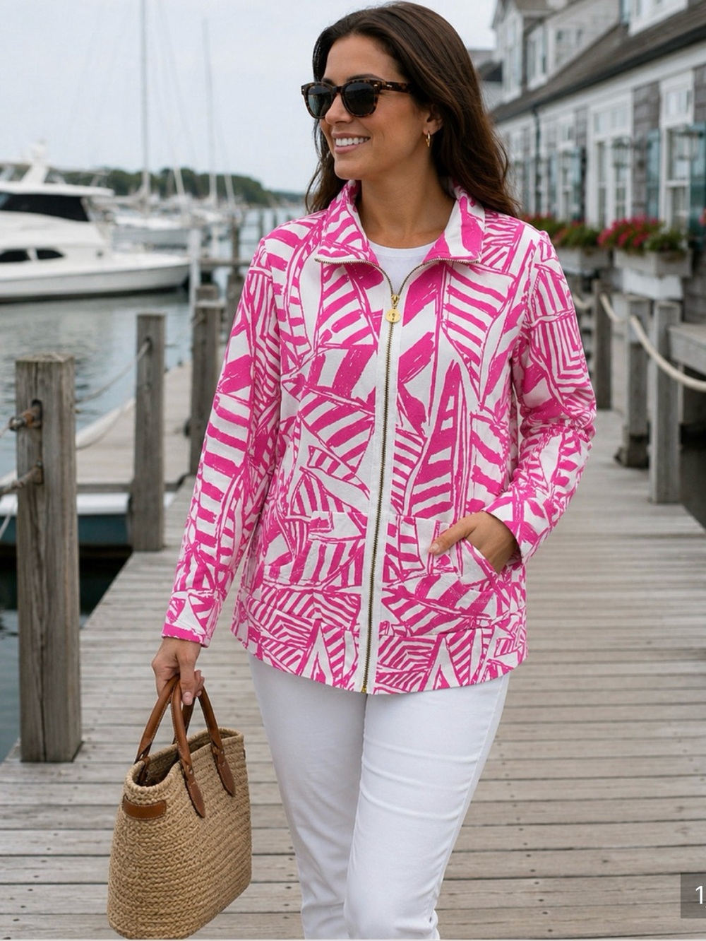 Lilly Pulitzer Leona Full Zip Jacket in Yacht Sea Capri Print Pink Size XS